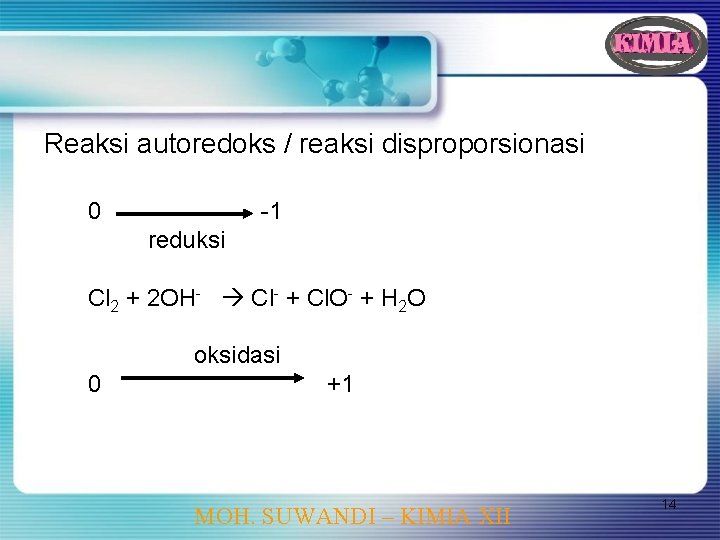 Reaksi autoredoks / reaksi disproporsionasi 0 -1 reduksi Cl 2 + 2 OH- Cl-