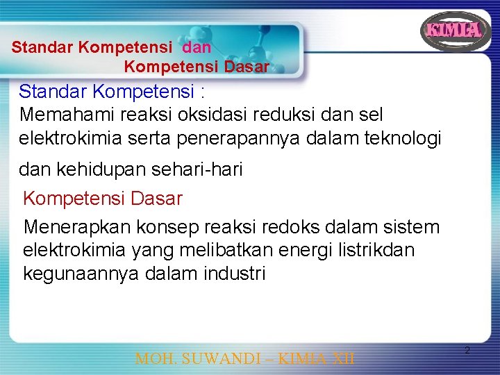 Standar Kompetensi dan Kompetensi Dasar Standar Kompetensi : Memahami reaksi oksidasi reduksi dan sel