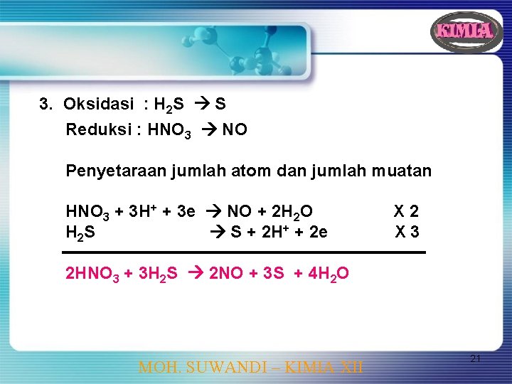 3. Oksidasi : H 2 S S Reduksi : HNO 3 NO Penyetaraan jumlah