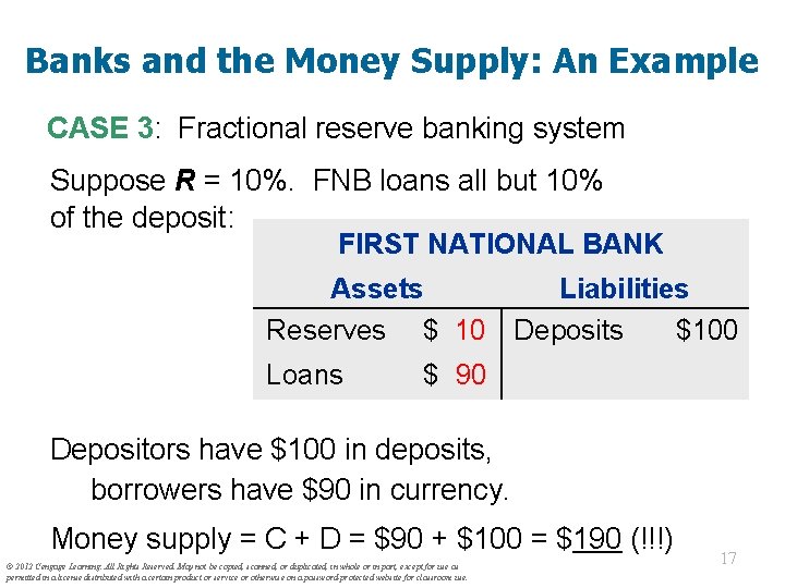 Banks and the Money Supply: An Example CASE 3: Fractional reserve banking system Suppose