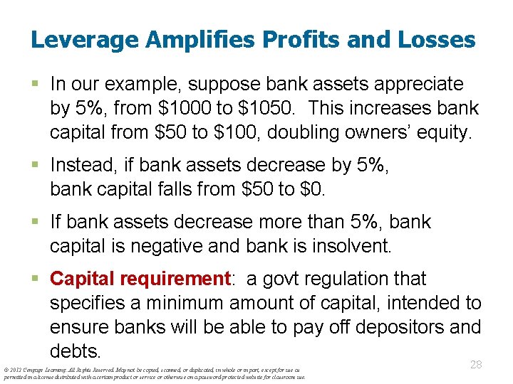 Leverage Amplifies Profits and Losses § In our example, suppose bank assets appreciate by