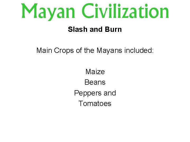 Mayan Civilization Slash and Burn Main Crops of the Mayans included: Maize Beans Peppers