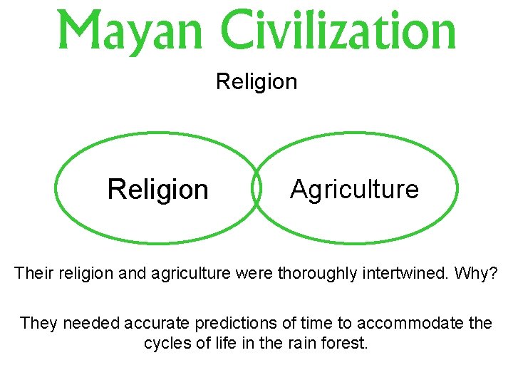 Mayan Civilization Religion Agriculture Their religion and agriculture were thoroughly intertwined. Why? They needed