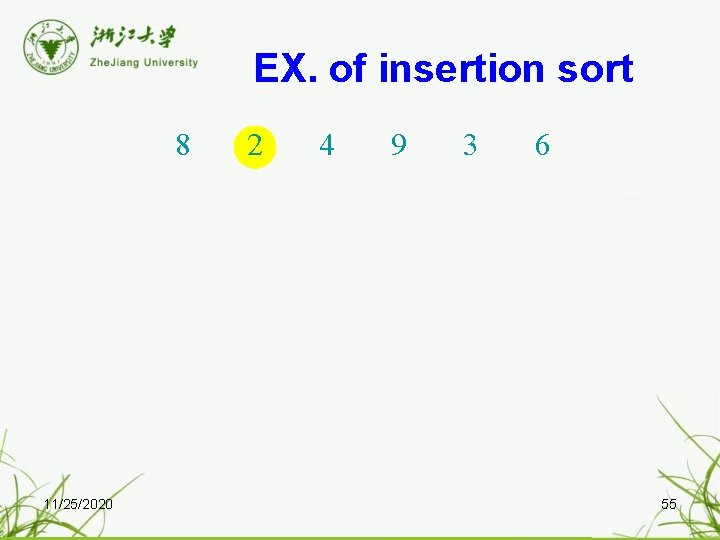 EX. of insertion sort 8 11/25/2020 2 4 9 3 6 55 