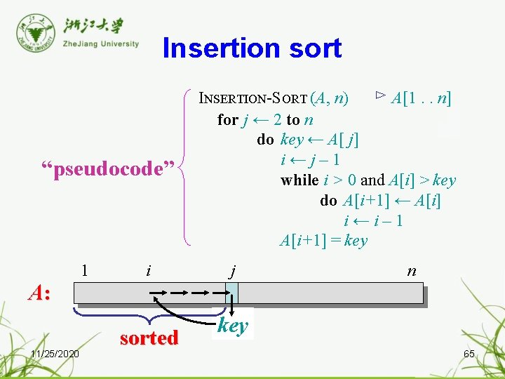 Insertion sort “pseudocode” 1 i INSERTION-SORT (A, n) ⊳ A[1. . n] for j