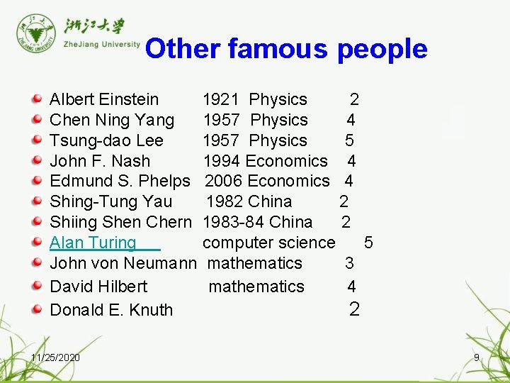 Other famous people Albert Einstein 1921 Physics 2 Chen Ning Yang 1957 Physics 4