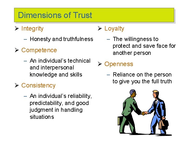 Dimensions of Trust Ø Integrity – Honesty and truthfulness Ø Competence – An individual’s