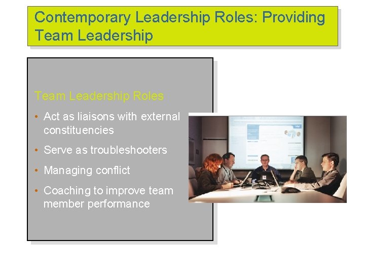 Contemporary Leadership Roles: Providing Team Leadership Roles • Act as liaisons with external constituencies