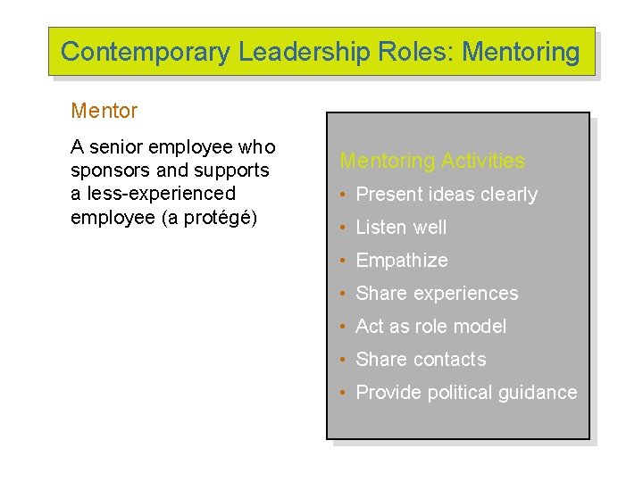 Contemporary Leadership Roles: Mentoring Mentor A senior employee who sponsors and supports a less-experienced