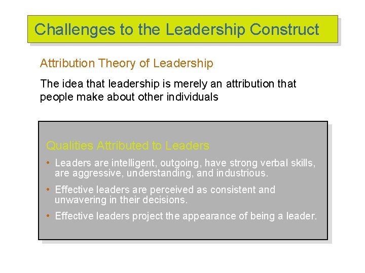 Challenges to the Leadership Construct Attribution Theory of Leadership The idea that leadership is