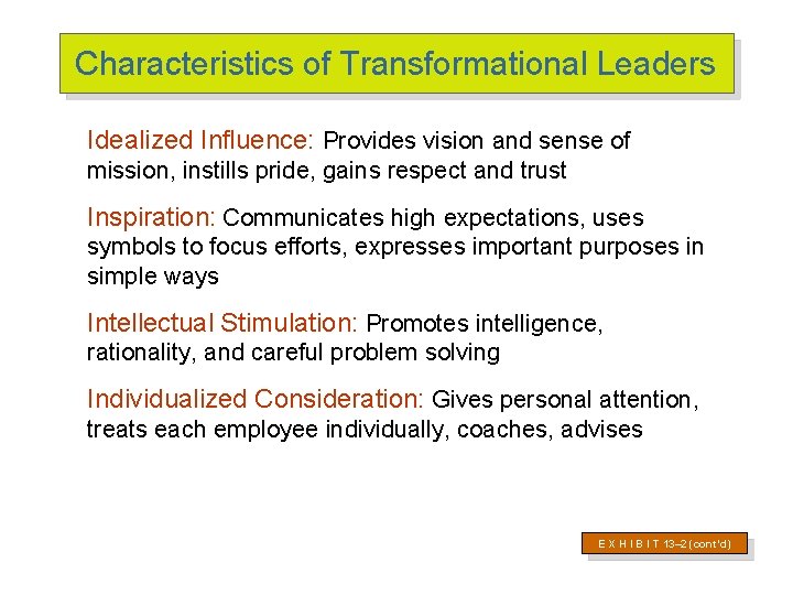 Characteristics of Transformational Leaders Idealized Influence: Provides vision and sense of mission, instills pride,