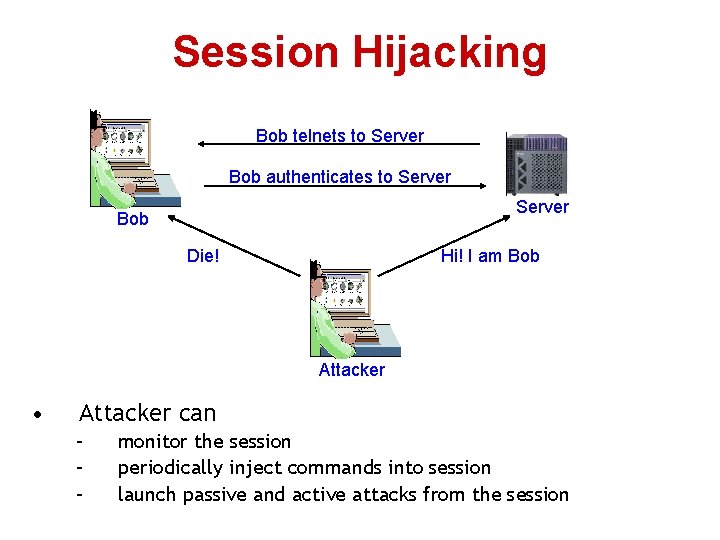 Session Hijacking Bob telnets to Server Bob authenticates to Server Bob Die! Hi! I Session Hijacking Bob telnets to Server Bob authenticates to Server Bob Die! Hi! I