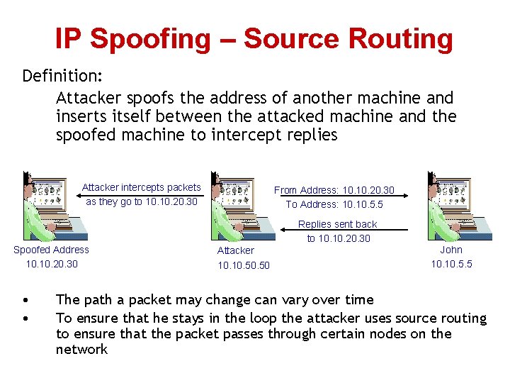 IP Spoofing – Source Routing Definition: Attacker spoofs the address of another machine and IP Spoofing – Source Routing Definition: Attacker spoofs the address of another machine and