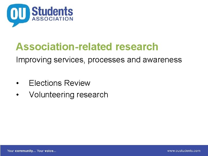 Association-related research Improving services, processes and awareness • • Elections Review Volunteering research 