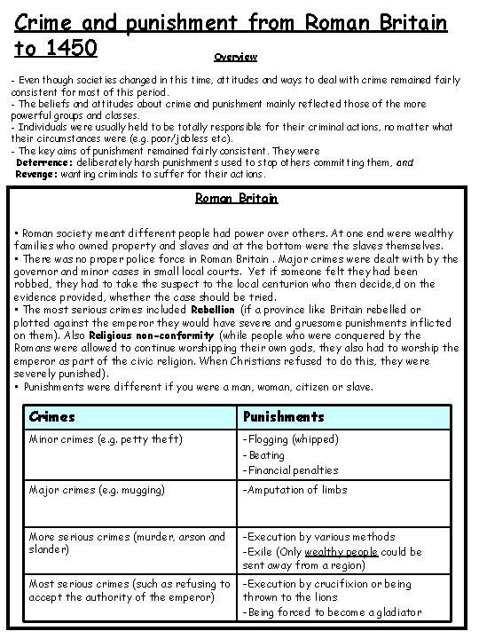 Crime and punishment from Roman Britain to 1450 Overview - Even though societies changed