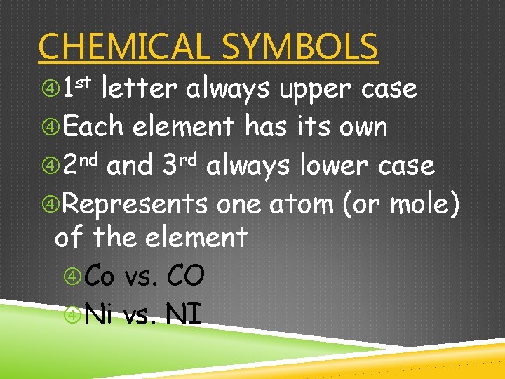 CHEMICAL SYMBOLS 1 st letter always upper case Each element has its own 2