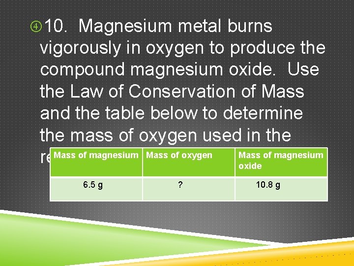  10. Magnesium metal burns vigorously in oxygen to produce the compound magnesium oxide.