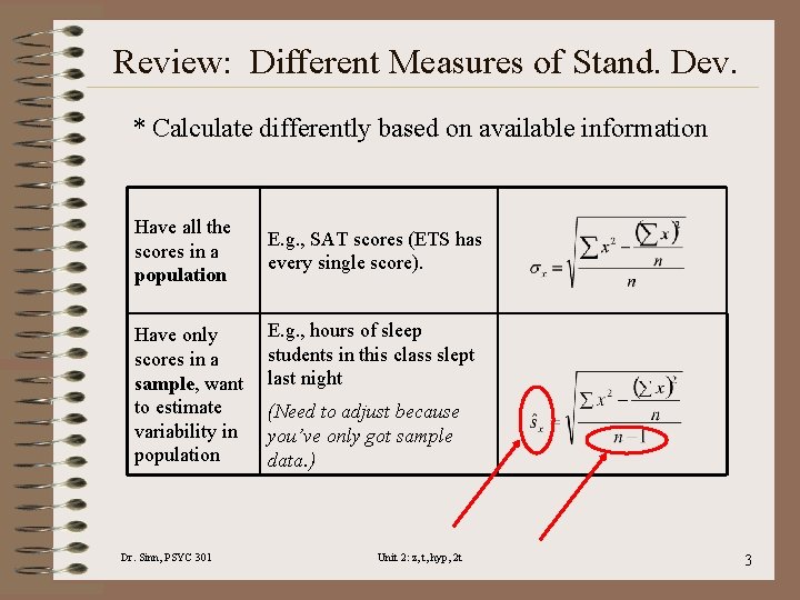 Review: Different Measures of Stand. Dev. * Calculate differently based on available information Have