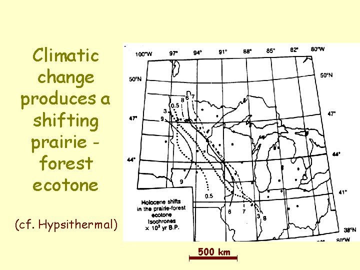 Climatic change produces a shifting prairie forest ecotone (cf. Hypsithermal) 500 km Climatic change produces a shifting prairie forest ecotone (cf. Hypsithermal) 500 km