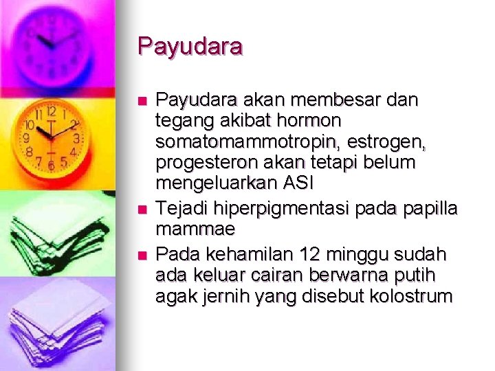 Payudara n n n Payudara akan membesar dan tegang akibat hormon somatomammotropin, estrogen, progesteron