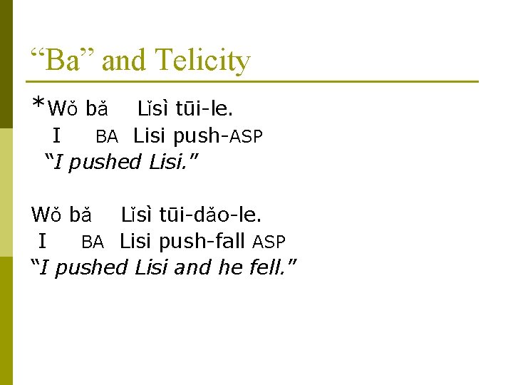 “Ba” and Telicity *Wǒ bǎ Lǐsì tūi-le. I BA Lisi push-ASP “I pushed Lisi.