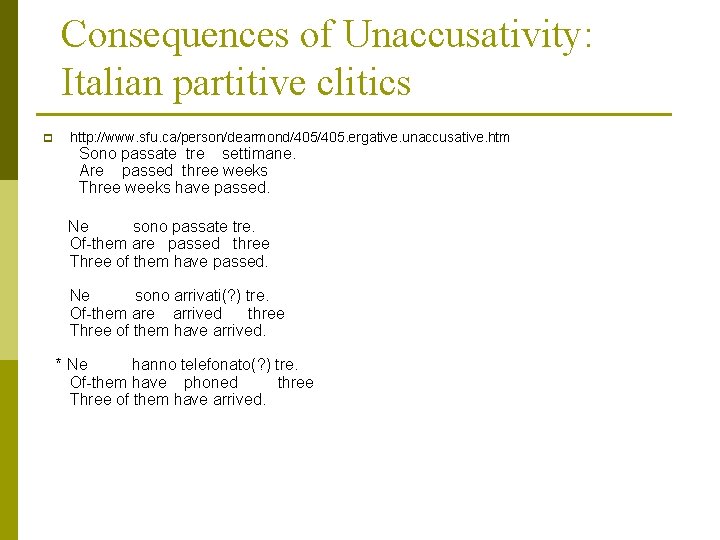 Consequences of Unaccusativity: Italian partitive clitics p http: //www. sfu. ca/person/dearmond/405. ergative. unaccusative. htm