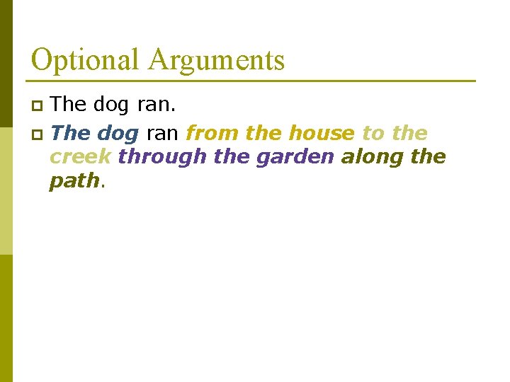 Optional Arguments The dog ran. p The dog ran from the house to the