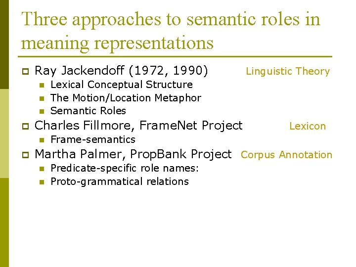 Three approaches to semantic roles in meaning representations p Ray Jackendoff (1972, 1990) n