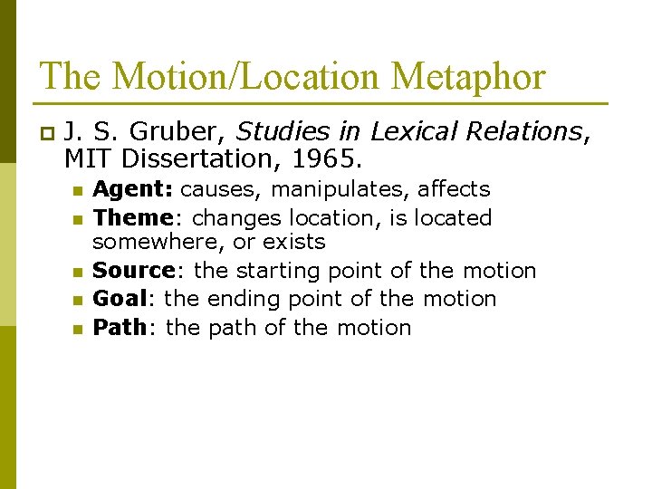 The Motion/Location Metaphor p J. S. Gruber, Studies in Lexical Relations, MIT Dissertation, 1965.