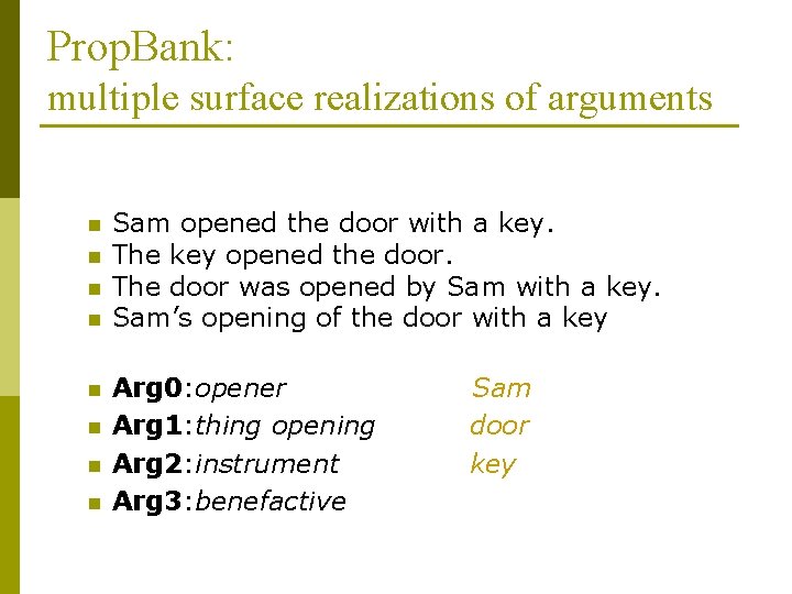 Prop. Bank: multiple surface realizations of arguments n n n n Sam opened the