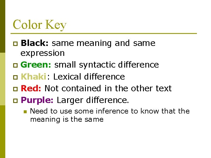 Color Key Black: same meaning and same expression p Green: small syntactic difference p