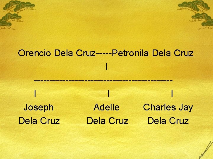 Orencio Dela Cruz-----Petronila Dela Cruz I ----------------------I I I Joseph Adelle Charles Jay Dela