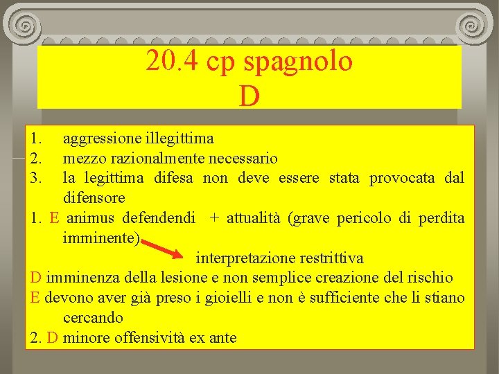 20. 4 cp spagnolo D 1. 2. 3. aggressione illegittima mezzo razionalmente necessario la