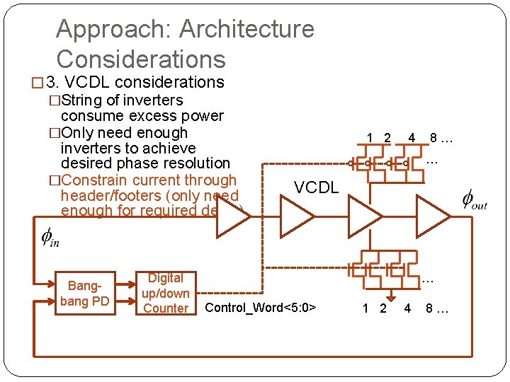 Approach: Architecture Considerations � 3. VCDL considerations �String of inverters consume excess power �Only