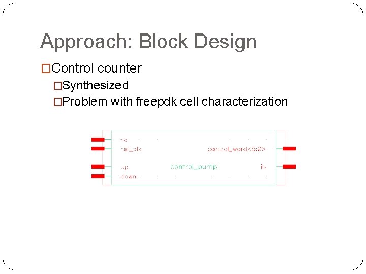 Approach: Block Design �Control counter �Synthesized �Problem with freepdk cell characterization 