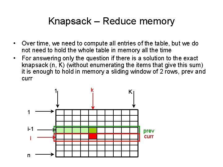 Knapsack – Reduce memory • Over time, we need to compute all entries of