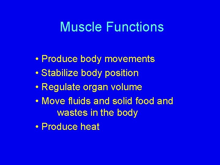 Muscle Functions • Produce body movements • Stabilize body position • Regulate organ volume