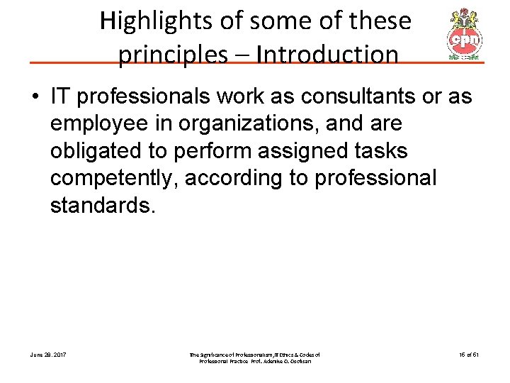 Highlights of some of these principles – Introduction • IT professionals work as consultants