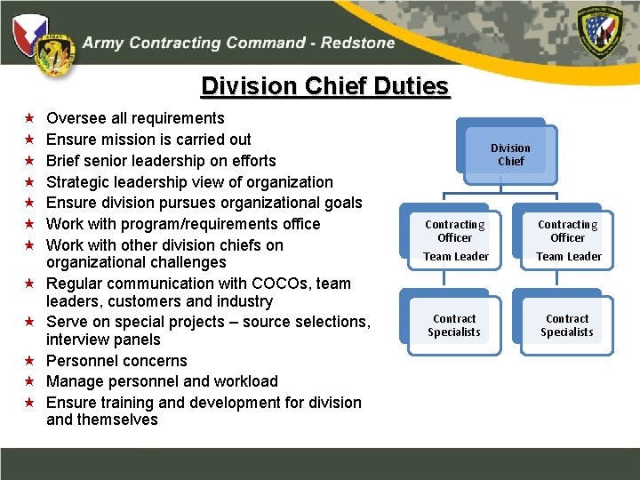 Division Chief Duties Oversee all requirements Ensure mission is carried out Brief senior leadership