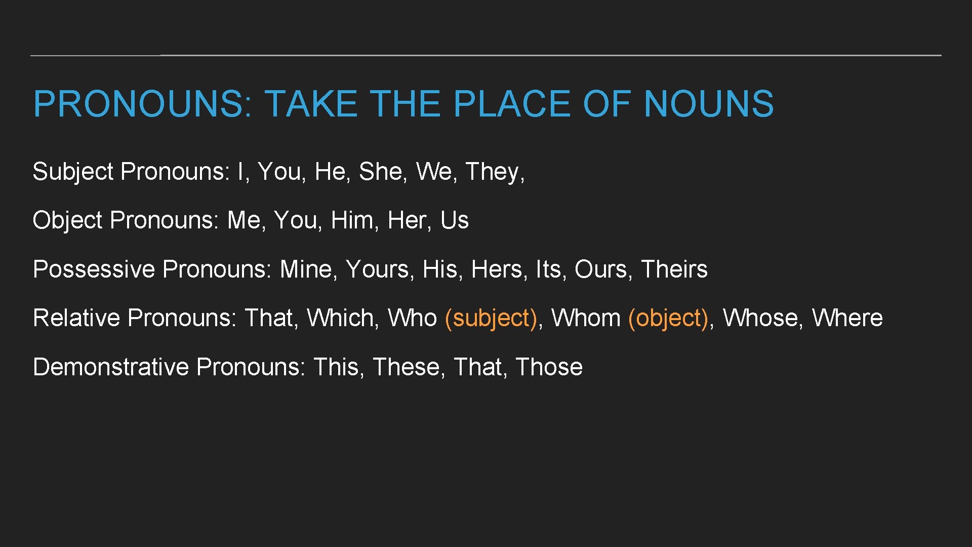 PRONOUNS: TAKE THE PLACE OF NOUNS Subject Pronouns: I, You, He, She, We, They,