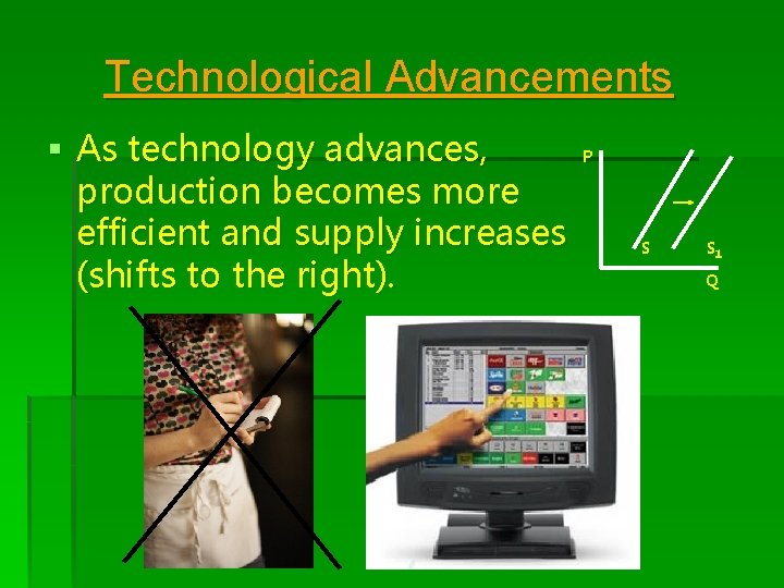 Technological Advancements § As technology advances, production becomes more efficient and supply increases (shifts