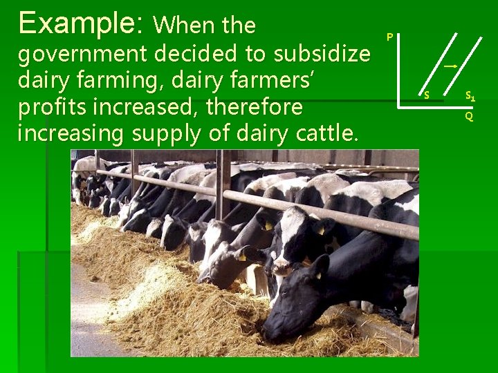 Example: When the government decided to subsidize dairy farming, dairy farmers’ profits increased, therefore