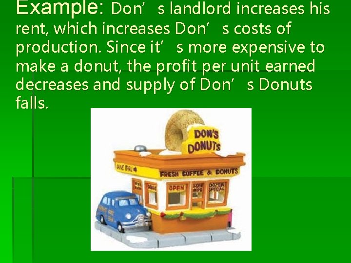 Example: Don’s landlord increases his rent, which increases Don’s costs of production. Since it’s
