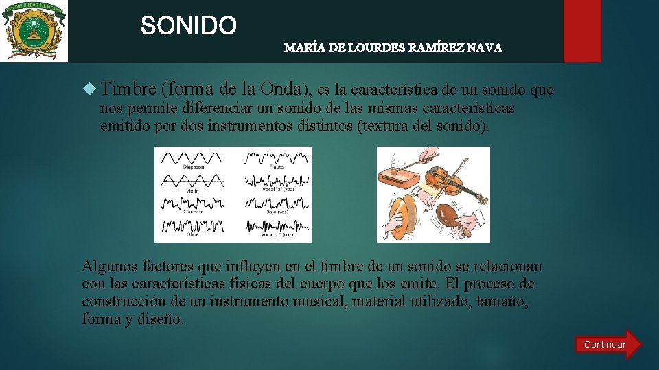  SONIDO MARÍA DE LOURDES RAMÍREZ NAVA Timbre (forma de la Onda), es la