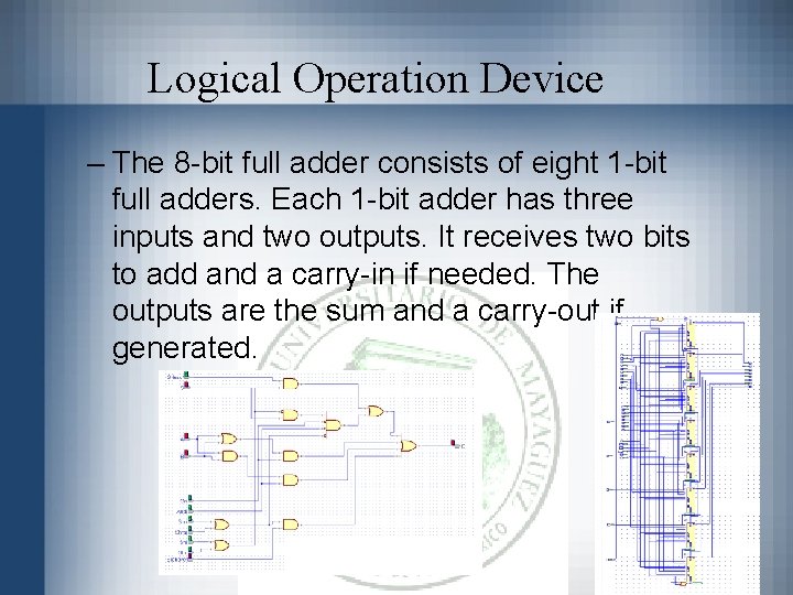 Logical Operation Device – The 8 -bit full adder consists of eight 1 -bit