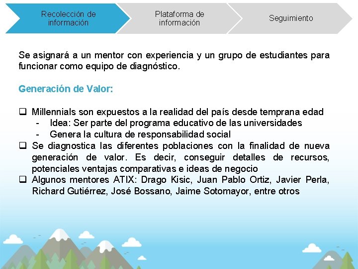 Recolección de información Plataforma de información Seguimiento Se asignará a un mentor con experiencia