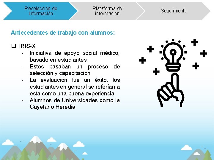 Recolección de información Plataforma de información Antecedentes de trabajo con alumnos: q IRIS-X -