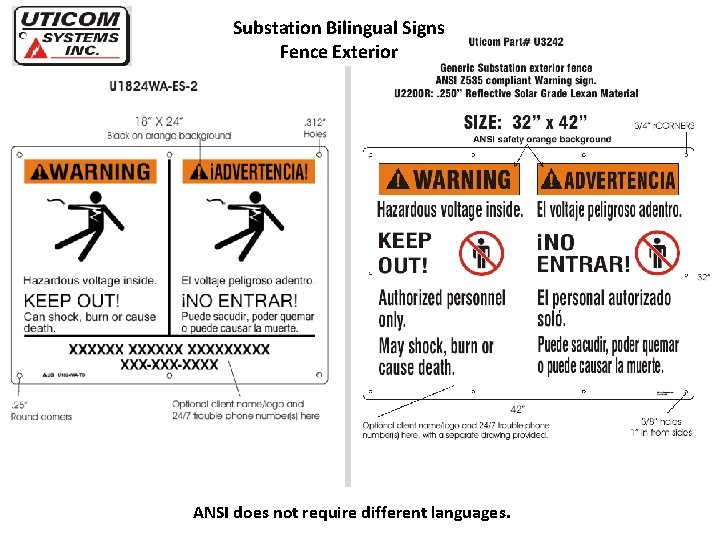 Substation Bilingual Signs Fence Exterior ANSI does not require different languages. 