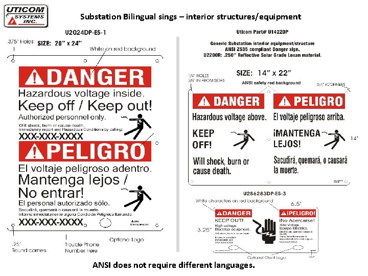 Substation Bilingual sings – interior structures/equipment ANSI does not require different languages. 