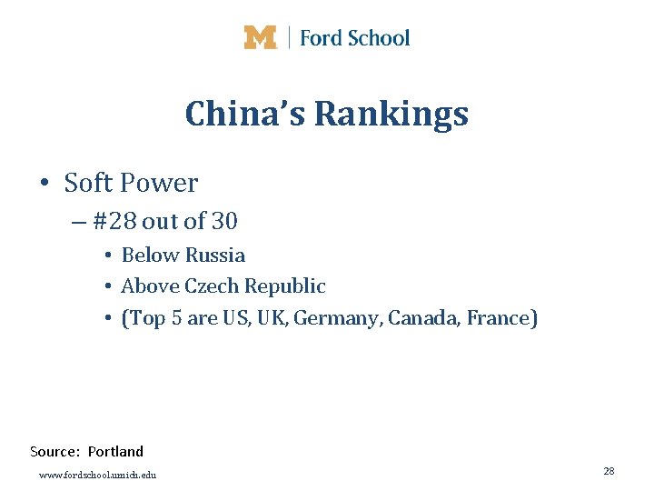 China’s Rankings • Soft Power – #28 out of 30 • Below Russia •